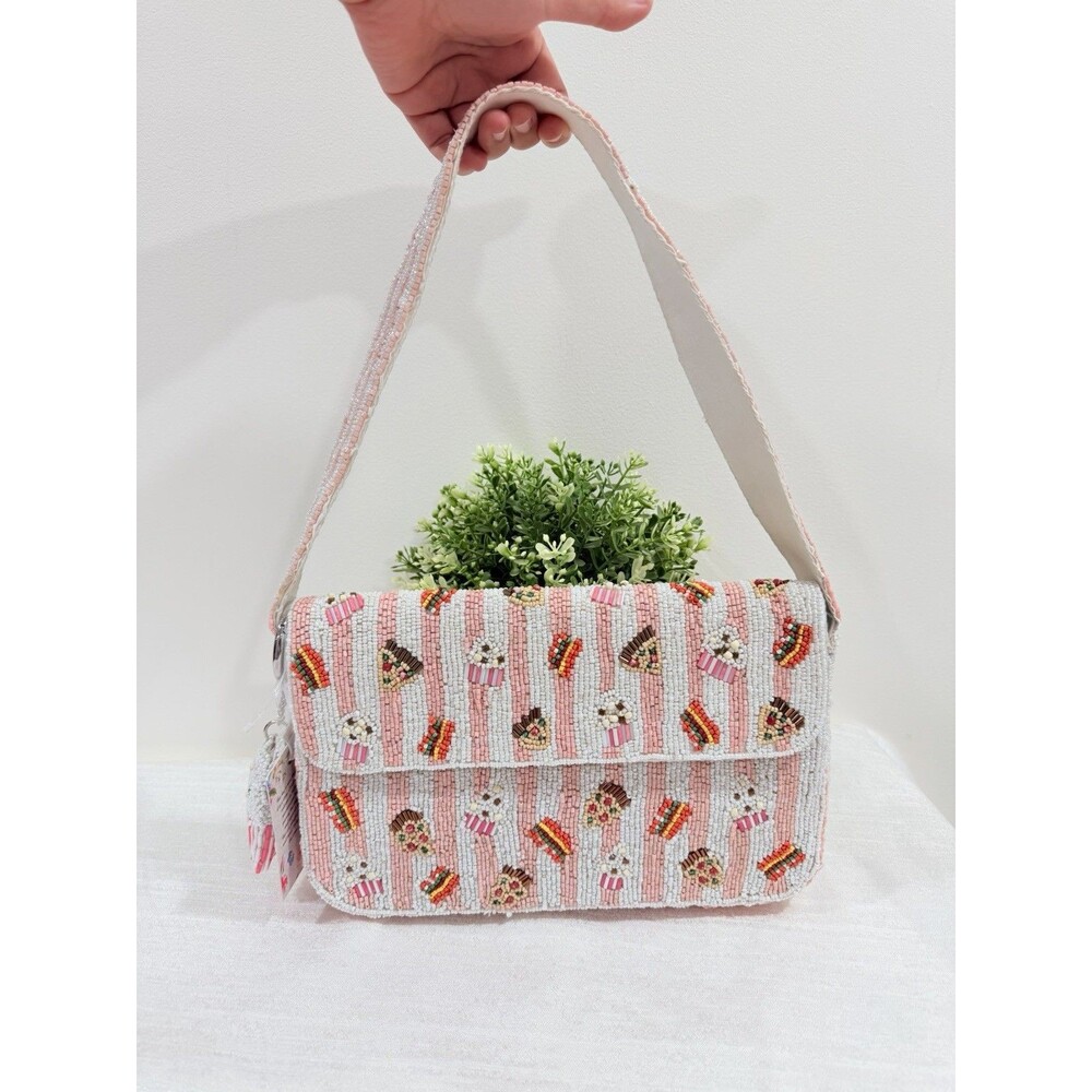 Hand Beaded Pink White Snack Shoulder Bag Pizza Popcorn Purse India